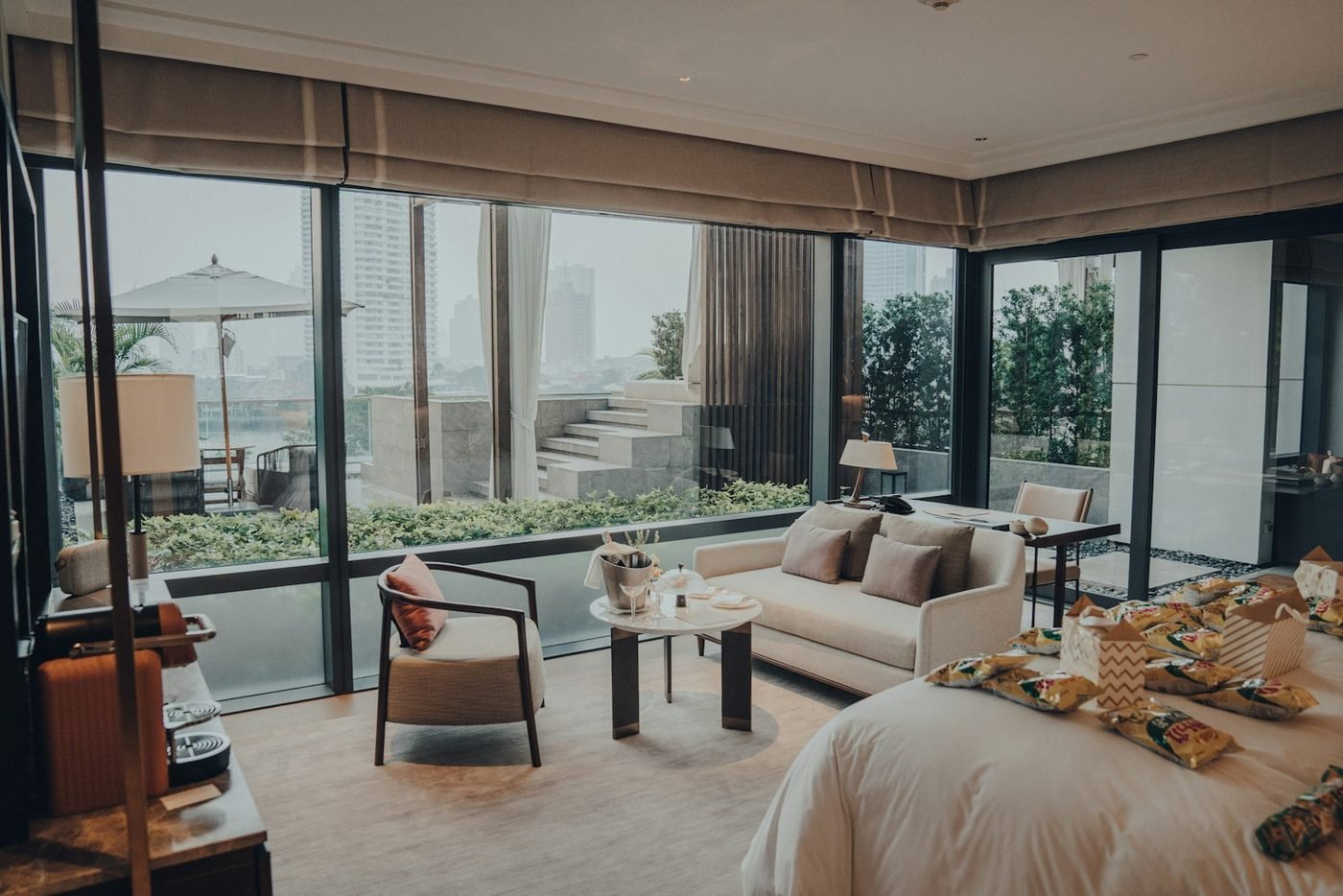 A hotel suite at dusk